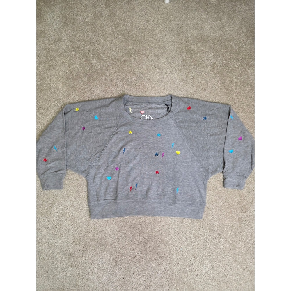 Chaser Womens Embroidered Stars Hearts Lightning Bolt Sweatshirt Heather Grey L